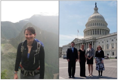 Left: Caitlin in Peru (photo credit Jess Goldman), Right: Caitlin on the Hill with the Massachusetts-Colorado BESC pack (Left to Right: Paul Tanger, Rebecca Certner, Caitlin McDonough MacKenzie, Jennifer Rood; photo credit Julie Palakovich Carr)
